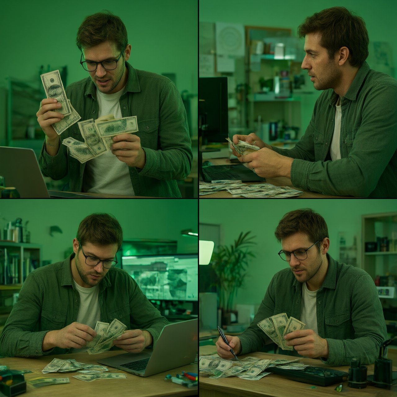People making successful trades. A totally green day. Making a lot of money (life-changing money). At least 4 scenes. — Qwen Image 3.0