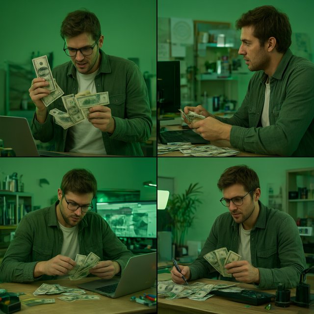 People making successful trades. A totally green day. Making a lot of money (life-changing money). At least 4 scenes. — Qwen Image 3.0