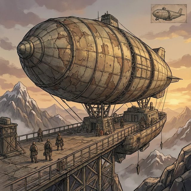 Concept art of a weathered cargo airship docking at a mountaintop station, crew tiny for scale, late afternoon light. — Wan 2.7