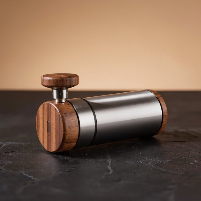 Commercial product photograph of an unbranded portable espresso grinder crafted from anodized aluminum with walnut accents, resting on a black stone surface against a warm beige background, illuminated by broad diffused studio light and a subtle edge highlight. — Kling v3