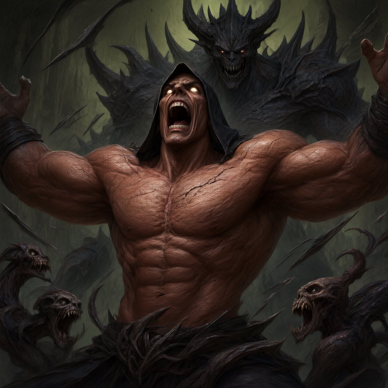 A colossal muscular berserker erupts in a primal roar, framed from the waist upward at a dramatic low angle. His head tilts back, glowing ivory eyes fixed upward, mouth stretched impossibly wide with clearly defined teeth and a cavernous dark interior. A close-fitting black hood frames his angular face, while his bare bronze-red torso displays monumental musculature, fine scars, and jagged surface fissures. Both upper arms thrust outward, elbows and hands beyond the frame, creating a broad, forceful silhouette. Behind him looms a towering obsidian demon with a crown of needlelike horns, scattered ember eyes, a serrated grin, and massive shoulders formed from twisted organic armor. Smaller snarling creatures coil across the lower foreground, their skull-like heads and hooked tendrils overlapping his waist. Razor-shaped fragments sweep diagonally through the scene, directing attention toward his illuminated face and chest. A ruined abyss recedes through smoky olive-green and charcoal haze. — Qwen Image 3.0