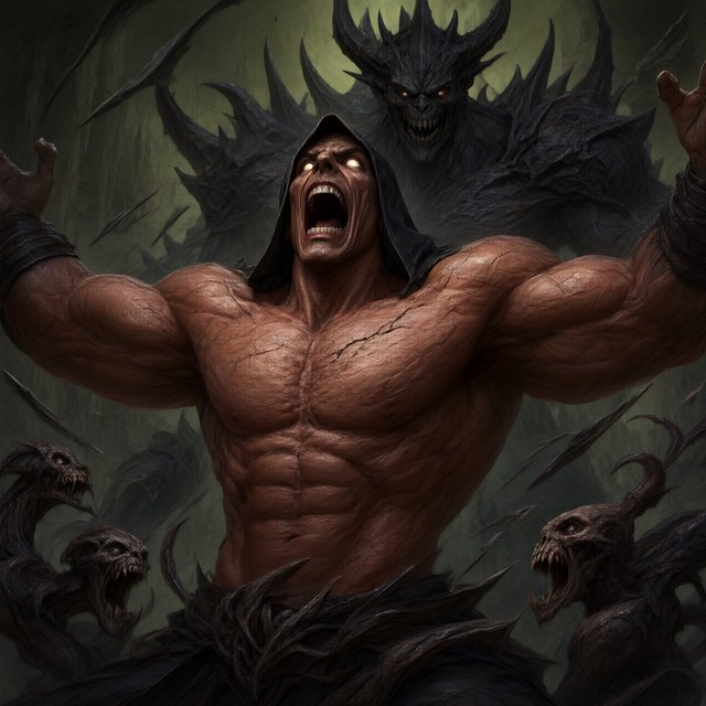 A colossal muscular berserker erupts in a primal roar, framed from the waist upward at a dramatic low angle. His head tilts back, glowing ivory eyes fixed upward, mouth stretched impossibly wide with clearly defined teeth and a cavernous dark interior. A close-fitting black hood frames his angular face, while his bare bronze-red torso displays monumental musculature, fine scars, and jagged surface fissures. Both upper arms thrust outward, elbows and hands beyond the frame, creating a broad, forceful silhouette. Behind him looms a towering obsidian demon with a crown of needlelike horns, scattered ember eyes, a serrated grin, and massive shoulders formed from twisted organic armor. Smaller snarling creatures coil across the lower foreground, their skull-like heads and hooked tendrils overlapping his waist. Razor-shaped fragments sweep diagonally through the scene, directing attention toward his illuminated face and chest. A ruined abyss recedes through smoky olive-green and charcoal haze. — Qwen Image 3.0