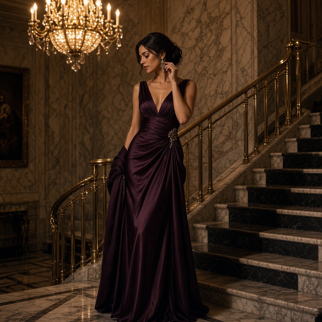 At the landing of a marble staircase, an adult woman in a plum evening gown pauses to fasten an earring, caught in warm chandelier light; polished brass rails and soft shadows lend the scene the poise of a fashion magazine. — Grok Imagine Image 2