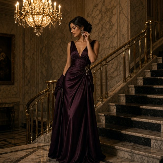 At the landing of a marble staircase, an adult woman in a plum evening gown pauses to fasten an earring, caught in warm chandelier light; polished brass rails and soft shadows lend the scene the poise of a fashion magazine. — Grok Imagine Image 2
