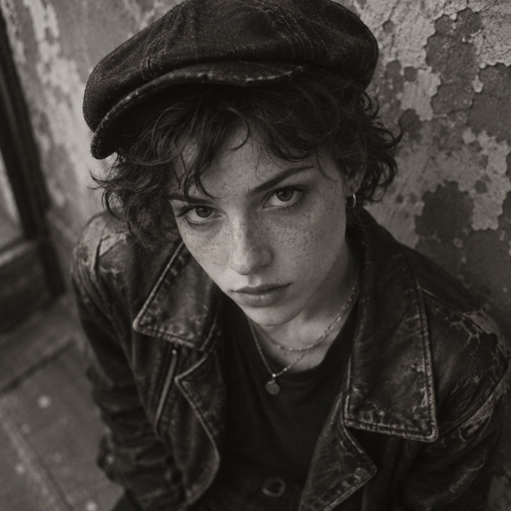 A monochrome, grainy, photorealistic medium close-up shot from a high angle: a young woman with messy, short curls, fair, freckled skin, and an intense, direct gaze into the camera. She is wearing a faded, worn-in black flat cap, a distressed vintage leather jacket over a dark undershirt, several thin silver chains, and a small hoop earring. Soft, diffused side lighting from the left casts gentle shadows across her face. In the background, a weathered wall with peeling plaster. Shallow depth of field, a moody, gritty film aesthetic, and sharp focus on the subject's eyes. — GPT Image 2.5 Sunburst