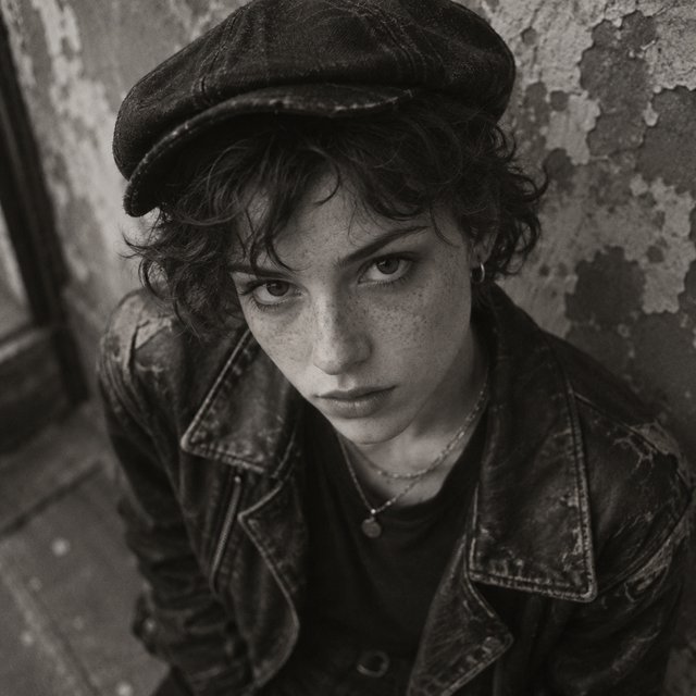 A monochrome, grainy, photorealistic medium close-up shot from a high angle: a young woman with messy, short curls, fair, freckled skin, and an intense, direct gaze into the camera. She is wearing a faded, worn-in black flat cap, a distressed vintage leather jacket over a dark undershirt, several thin silver chains, and a small hoop earring. Soft, diffused side lighting from the left casts gentle shadows across her face. In the background, a weathered wall with peeling plaster. Shallow depth of field, a moody, gritty film aesthetic, and sharp focus on the subject's eyes. — GPT Image 2.5 Sunburst