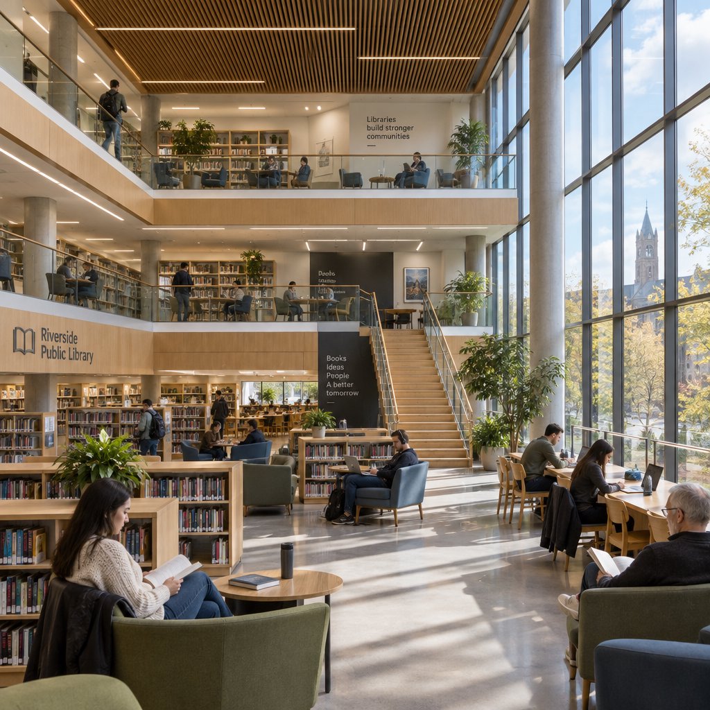 Interior of a modern public library with a three-storey atrium, timber ceiling slats, people reading, afternoon light through a glass wall. — GPT Image 2.5 Flare