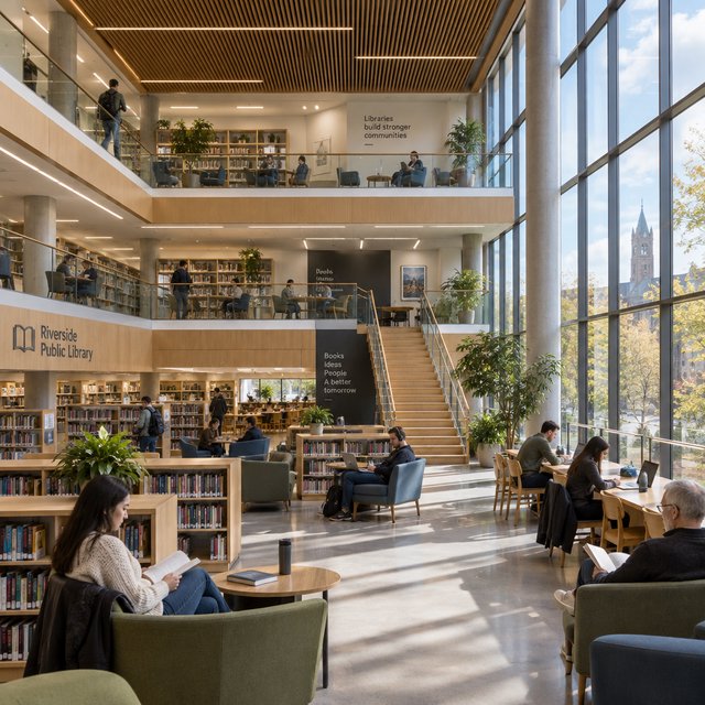 Interior of a modern public library with a three-storey atrium, timber ceiling slats, people reading, afternoon light through a glass wall. — GPT Image 2.5 Flare