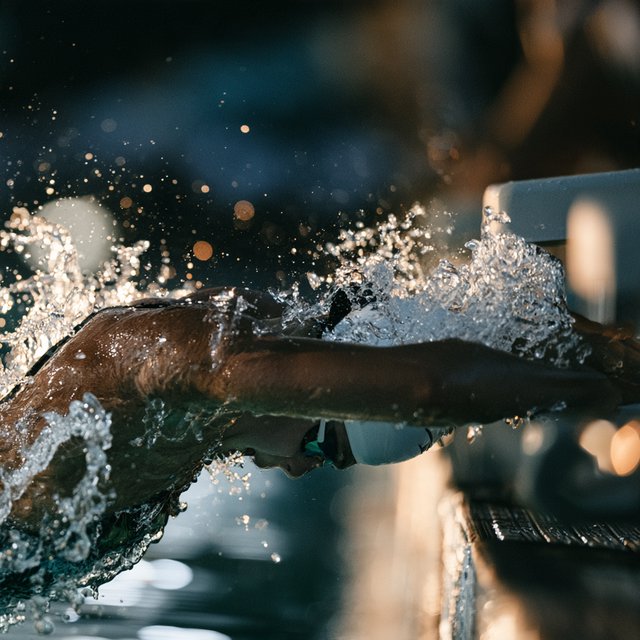 Under the blue-hour floodlights, an adult swimmer drives off the starting block into an outdoor pool. A real-world sports press photo, shot at 200mm with shallow depth of field, captures beads of water suspended around her shoulder. — Midjourney V8.2