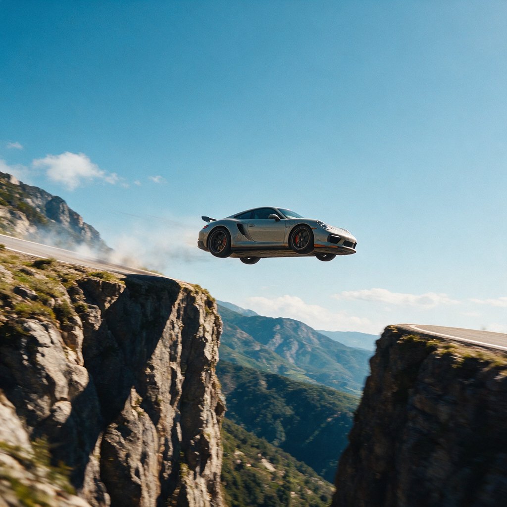A sports car in a daredevil stunt has driven off a road from a high cliff, attempting to fly and land on the road on the next cliff. Beautiful mountainous background, sunny blue sky. Show motion, speed, and action. — Seedream 5.0 Pro