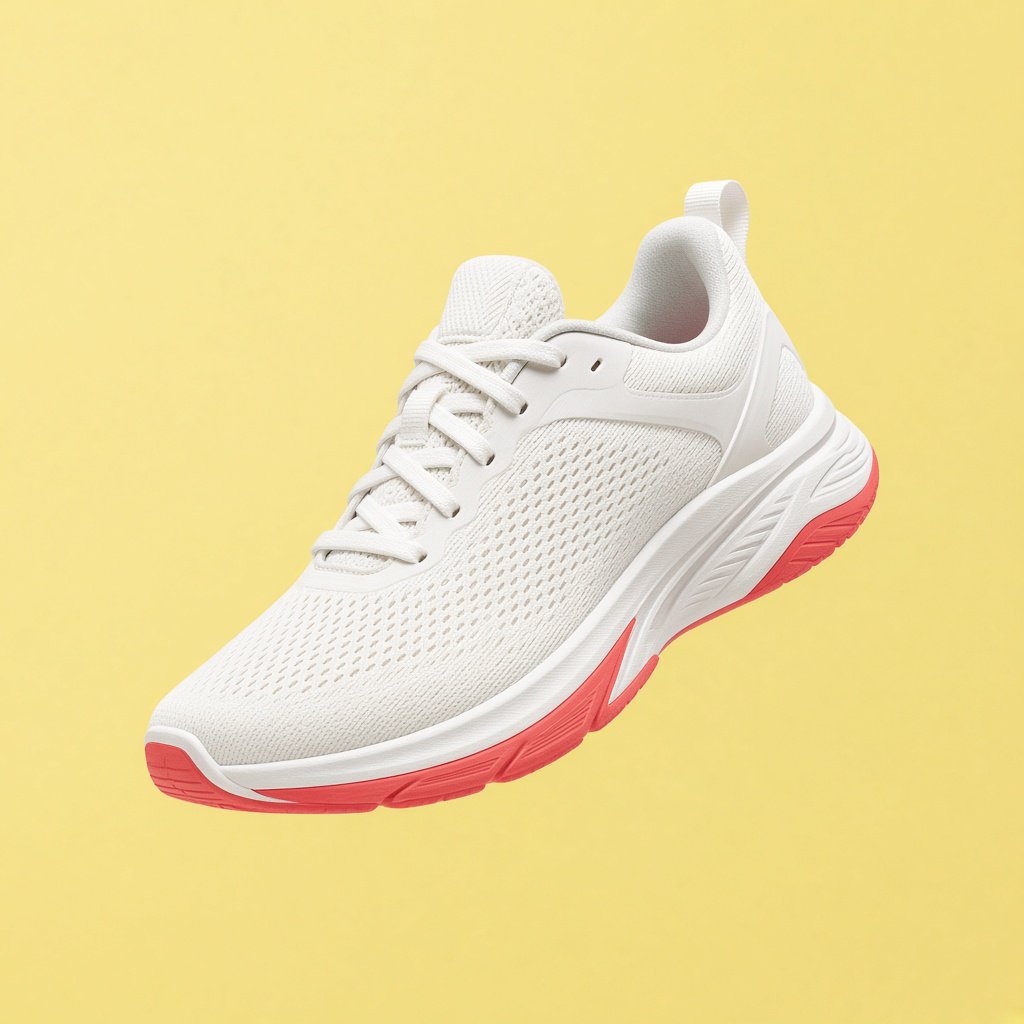A white running sneaker with a coral sole floating at a slight angle over a pastel yellow background, studio lighting, no shadow on the backdrop. — Grok Imagine Image 2