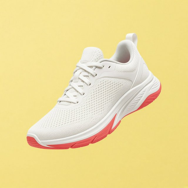 A white running sneaker with a coral sole floating at a slight angle over a pastel yellow background, studio lighting, no shadow on the backdrop. — Grok Imagine Image 2