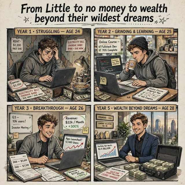 Realistic comic. At least 4 panels. It showcases 5 years of someone's life, from the first year, when they struggled to make money, to the fifth year, when they are worth millions to billions of dollars. Make sure money is seen at least once in the image. At the top, it says "From Little to no money to wealth beyond their wildest dreams". — Muse Image 1.0