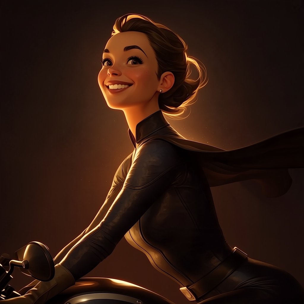 A modeled 3D character design featuring exaggerated, caricatured proportions and a striking silhouette—combined with subtle, nuanced skin shading and warm, cinematic rim lighting—creates an elegant aesthetic reminiscent of modern animated films. The result is a polished, stylized rendering characterized by rich color depth, expressive caricatured facial features, painterly texture details, and a dramatic, theatrical atmosphere typical of contemporary animation. An adult female superhero with a flowing cape on a moving motorcycle. Dieselpunk style. — Midjourney Niji 7