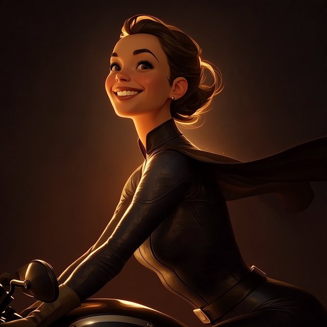 A modeled 3D character design featuring exaggerated, caricatured proportions and a striking silhouette—combined with subtle, nuanced skin shading and warm, cinematic rim lighting—creates an elegant aesthetic reminiscent of modern animated films. The result is a polished, stylized rendering characterized by rich color depth, expressive caricatured facial features, painterly texture details, and a dramatic, theatrical atmosphere typical of contemporary animation. An adult female superhero with a flowing cape on a moving motorcycle. Dieselpunk style. — Midjourney Niji 7