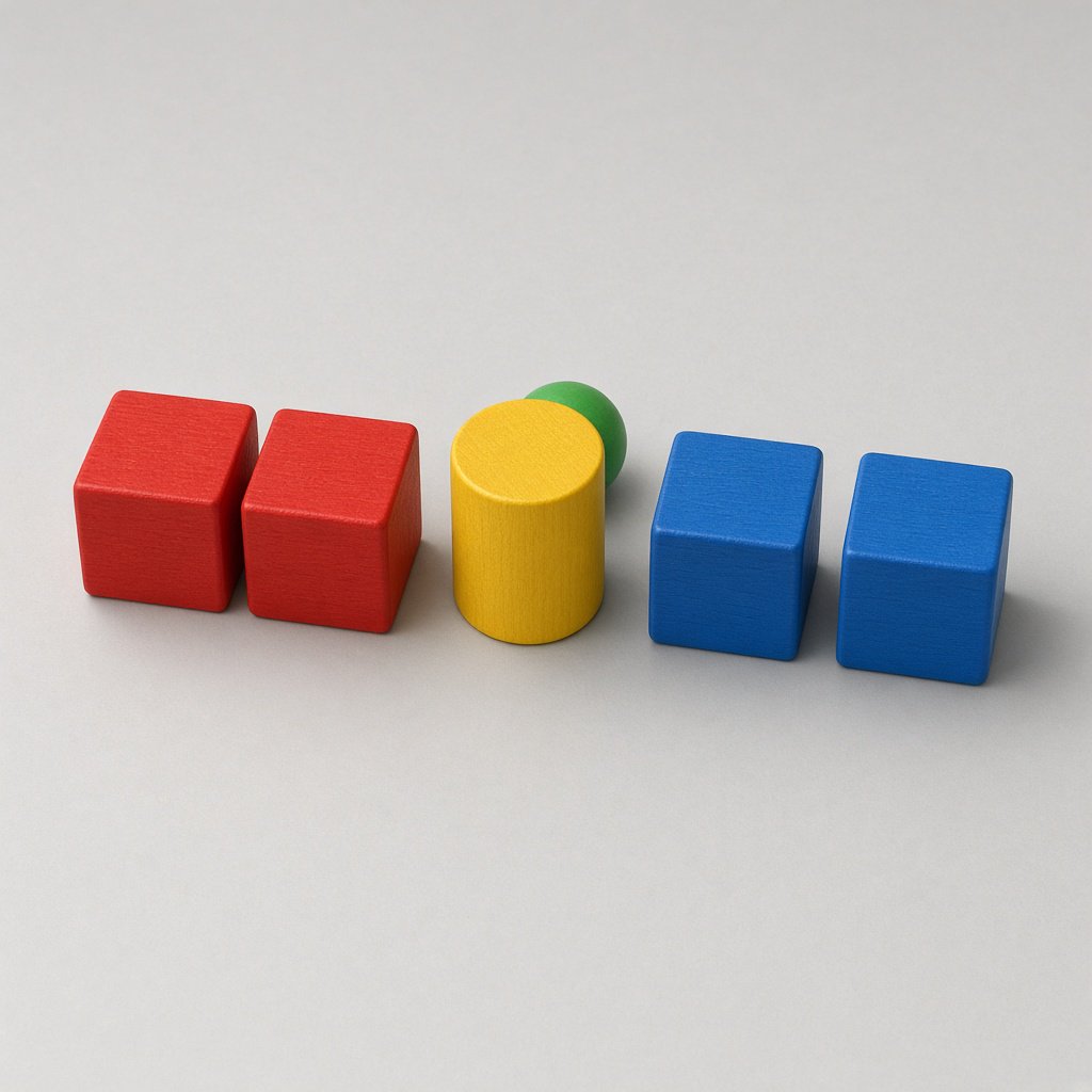 Exactly five wooden toy blocks sit on a pale gray table: two red cubes on the left, one yellow cylinder in the center, and two blue cubes on the right. A small green ball sits behind the cylinder, nothing else. — Grok Imagine Image 2