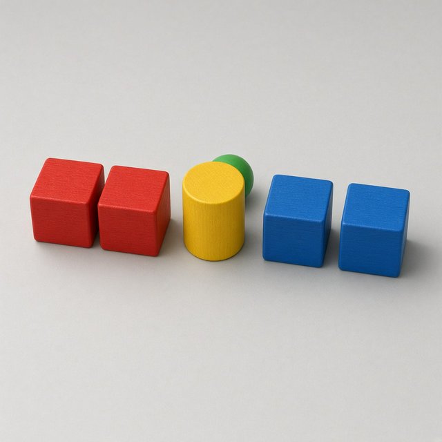 Exactly five wooden toy blocks sit on a pale gray table: two red cubes on the left, one yellow cylinder in the center, and two blue cubes on the right. A small green ball sits behind the cylinder, nothing else. — Grok Imagine Image 2