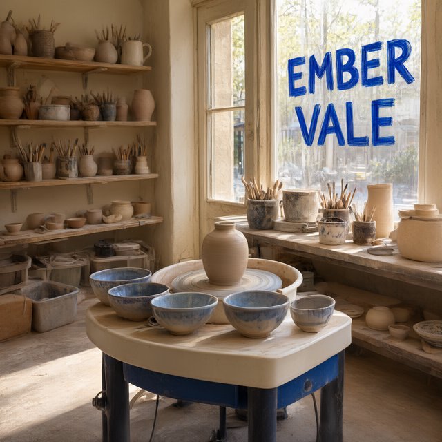 Inside a sunlit ceramics studio, glazed bowls dry beside a turning wheel and shelves of clay tools; "EMBER VALE" is painted in cobalt capitals on the front window. — Qwen Image 3.0