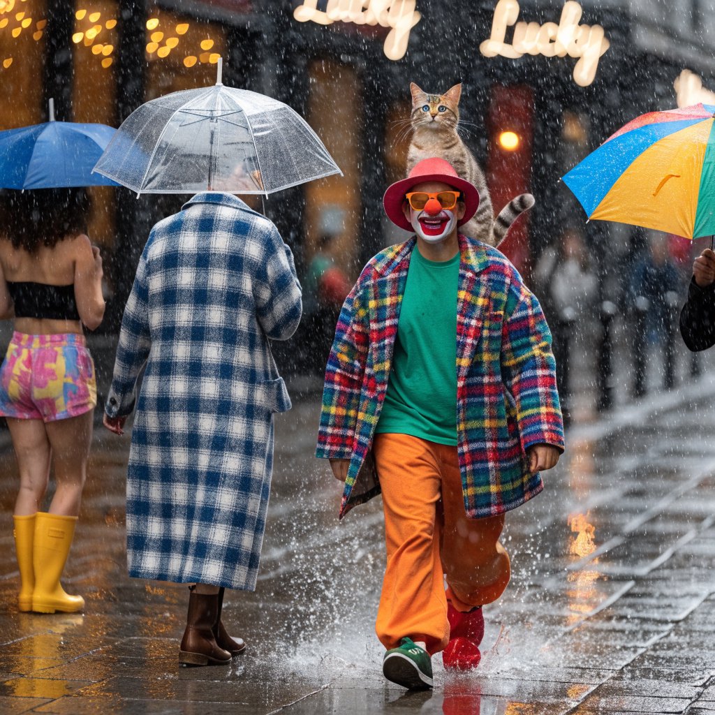 Realistic. Four to five adults having a very lucky day. One of the people is a clown with a very strange cat on their head. Another is wearing a black crop top and multicolored shorts. The word “Lucky” is seen at least twice in the background. — Recraft v4