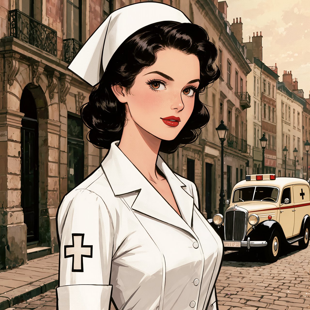 A digital illustration depicts an attractive vintage-style nurse with fair skin and dark, curly hair styled in waves reminiscent of past decades. She wears red lipstick, a white nurse's cap, a uniform, and a cross emblem on her sleeve. A classic European street scene featuring an ambulance and old buildings forms the background. — Kling v3