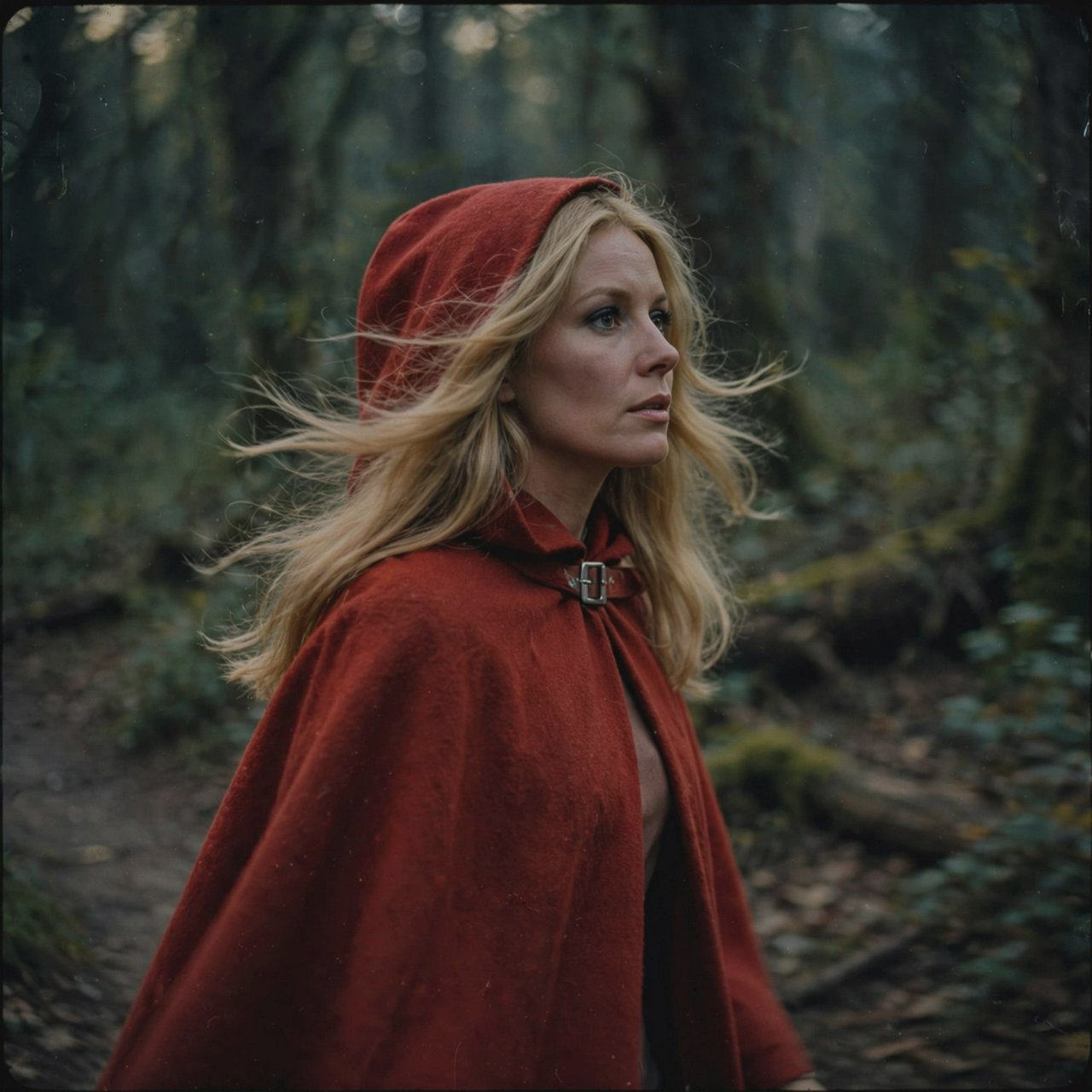 Medium shot at eye level: 1960s vintage film aesthetic. An adult woman with long, blonde hair walks alone through a dark forest. She wears a red hooded cloak, with the hood pulled up and fastened at the neck by a silver buckle. Photorealistic 1960s Technicolor film grain; soft, shallow depth of field. — Muse Image 1.0