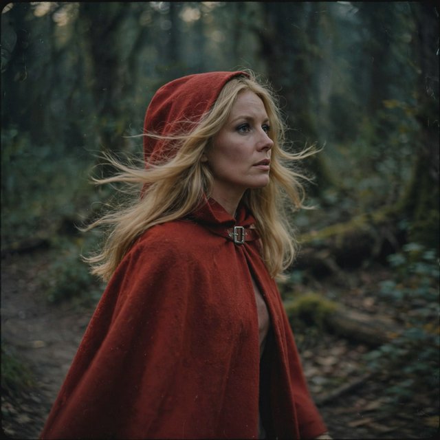 Medium shot at eye level: 1960s vintage film aesthetic. An adult woman with long, blonde hair walks alone through a dark forest. She wears a red hooded cloak, with the hood pulled up and fastened at the neck by a silver buckle. Photorealistic 1960s Technicolor film grain; soft, shallow depth of field. — Muse Image 1.0