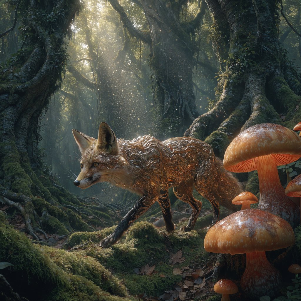 A cunning fox with fur like molten gold cautiously steps through a dense, ancient forest. Shafts of light pierce the canopy, illuminating dust motes dancing in the air. Strange, glowing mushrooms cast an otherworldly light on the moss-covered ground. The style is a blend of dark fantasy illustration and hyperrealism, with a focus on dramatic, cinematic lighting. — Recraft v4