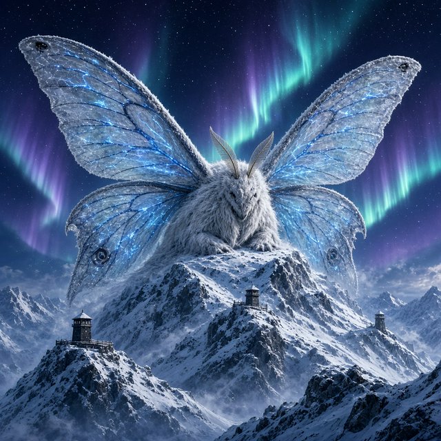 A colossal moon-moth leviathan rests atop a snowbound mountain ridge, its translucent wings veined with blue fire and its fur silvered by frost. Tiny abandoned watchtowers below emphasize its immense scale beneath an aurora-filled sky. — Grok Imagine Image 2