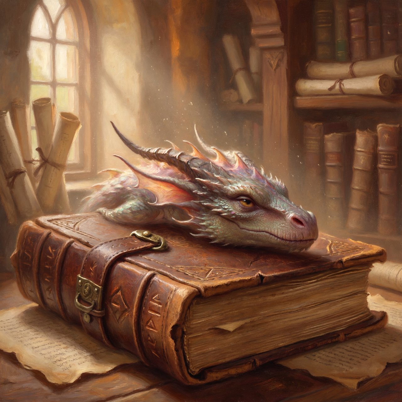 A mystical dragon's head, slender and dreamy, rests upon the yellowed pages of an ancient tome, the cover worn and mysterious, as soft warm light pours in through a nearby window, casting a serene ambiance, the air thick with the scent of old parchment and forgotten knowledge. — ImagineArt 2