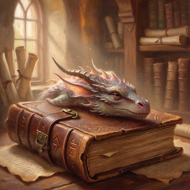 A mystical dragon's head, slender and dreamy, rests upon the yellowed pages of an ancient tome, the cover worn and mysterious, as soft warm light pours in through a nearby window, casting a serene ambiance, the air thick with the scent of old parchment and forgotten knowledge. — ImagineArt 2