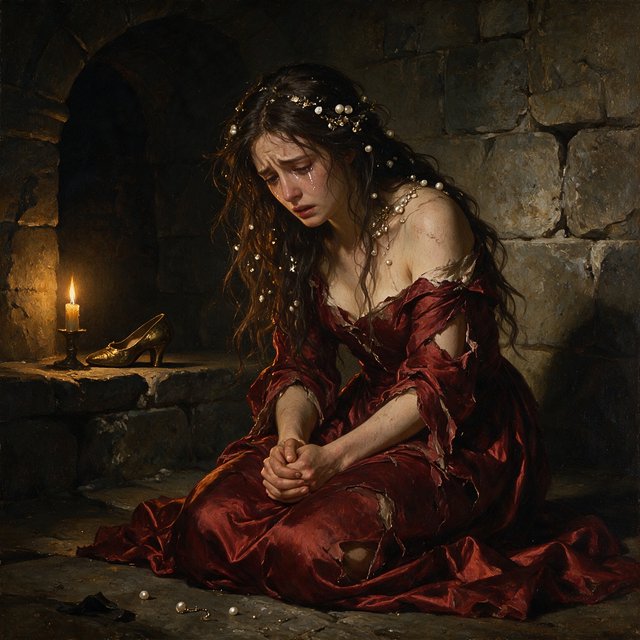 A dramatic cinematic portrait of a fallen noblewoman kneeling in a dimly lit stone chamber, wearing a disheveled dark crimson silk gown, the fabric torn and loose, revealing hints of pale skin, strong chiaroscuro lighting highlighting her silhouette and sorrowful expression, tears, messy hair adorned with broken pearls, atmosphere of despair and silence, oil painting style realism — Seedream 5.0 Pro