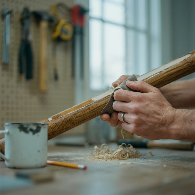 Fine curls gather beneath adult hands sanding the edge of a wooden chair in a quiet repair shed. A real-world workshop snapshot in cool skylight, using a normal lens at shallow depth of field, catches pale sawdust clinging to the knuckles. — Ideogram v4