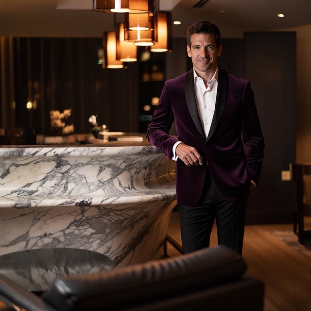 Editorial glamour photograph of an adult man in a midnight-plum dinner jacket and black trousers, standing naturally beside a sculptural marble bar in a quiet hotel lounge, flattering amber light, easy smile, polished editorial elegance. — ImagineArt 2