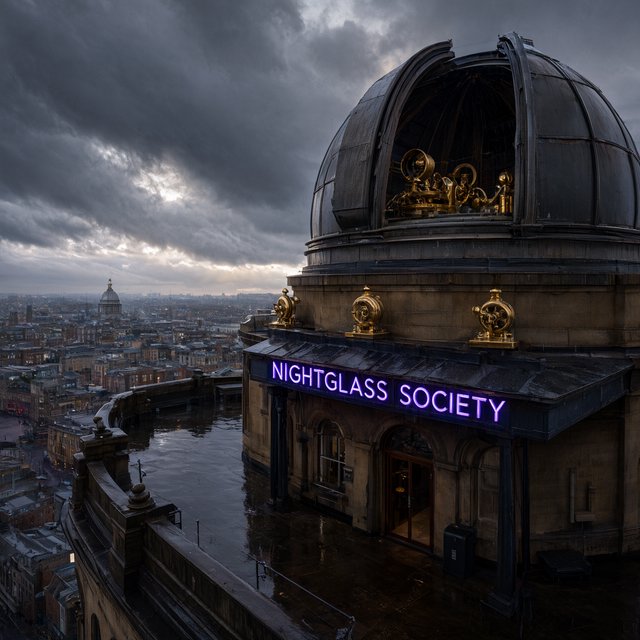 On a rain-darkened rooftop observatory, brass instruments gleam beneath a sliding dome while clouds part above the city; "NIGHTGLASS SOCIETY" glows in violet neon along the entrance canopy. — Qwen Image 3.0 Pro