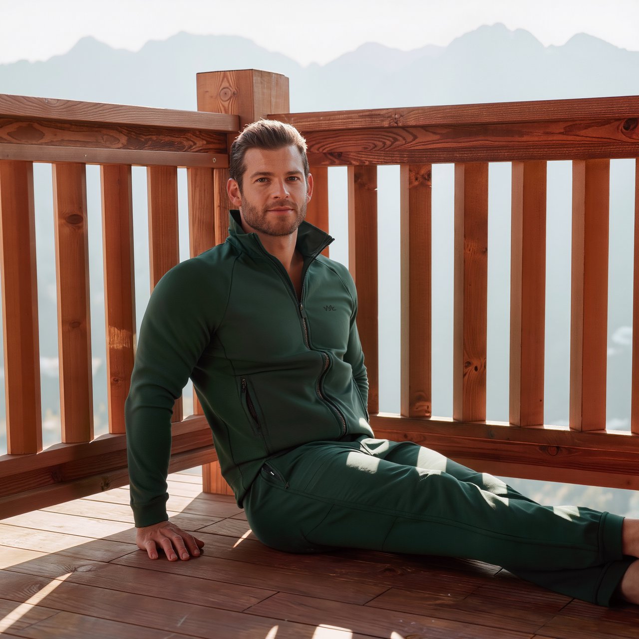 Editorial glamour photograph of an adult man in a forest-green fitness set, resting naturally after a hike on a sunlit alpine lodge terrace, flattering morning light on his face, relaxed expression, distant peaks softened behind him. — Kling v3
