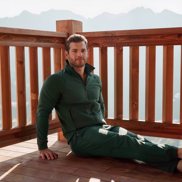 Editorial glamour photograph of an adult man in a forest-green fitness set, resting naturally after a hike on a sunlit alpine lodge terrace, flattering morning light on his face, relaxed expression, distant peaks softened behind him. — Kling v3