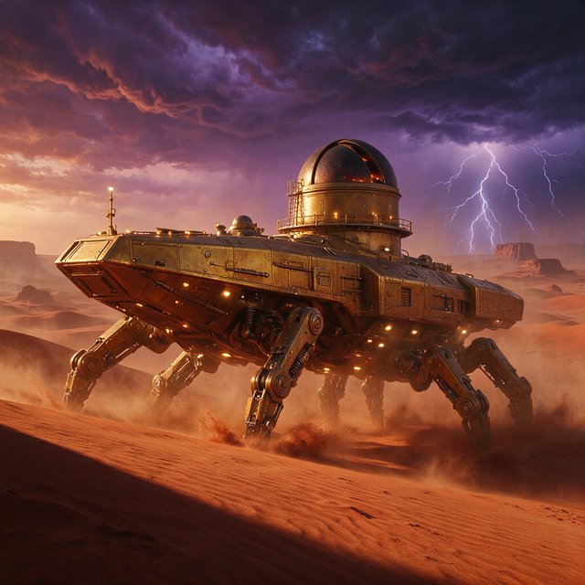 A colossal brass desert crawler carries an observatory dome across red dunes, its articulated legs striding through a sandstorm. Warm lamps glow beneath the hull while distant mesas fade into violet dusk and lightning illuminates the horizon. — Seedream 5.0 Pro