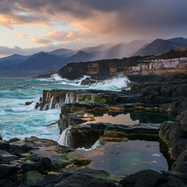 A rugged volcanic coastline under clearing storm clouds at late afternoon, black basalt shelves descending into turquoise surf, sea spray clinging to jagged rocks, tide pools reflecting distant cliffs and layered mountains fading into rain haze. — Grok Imagine Image Quality