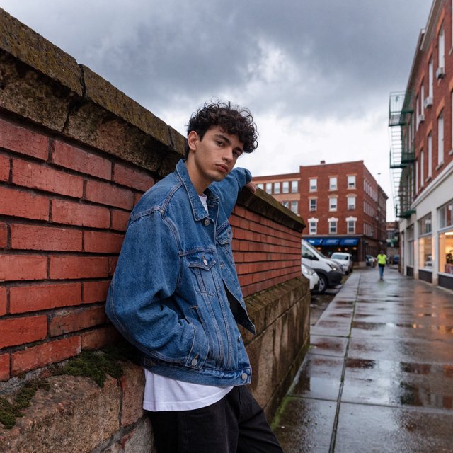 Environmental portrait of a young man in a denim jacket leaning on a red brick wall, overcast light, looking just past the camera. — Recraft v4 Pro