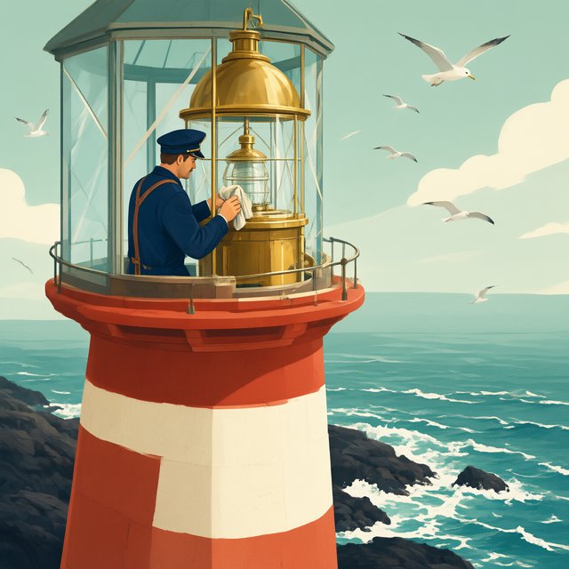 Flat-vector illustration of an adult lighthouse keeper polishing a brass lantern in a windswept tower, gulls circling beyond the glass and foam tracing black rocks below. Palette of sea-glass green, cream, vermilion, and navy. — Qwen Image 3.0