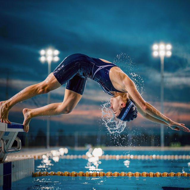 Under the blue-hour floodlights, an adult swimmer drives off the starting block into an outdoor pool. A real-world sports press photo, shot at 200mm with shallow depth of field, captures beads of water suspended around her shoulder. — Kling v3