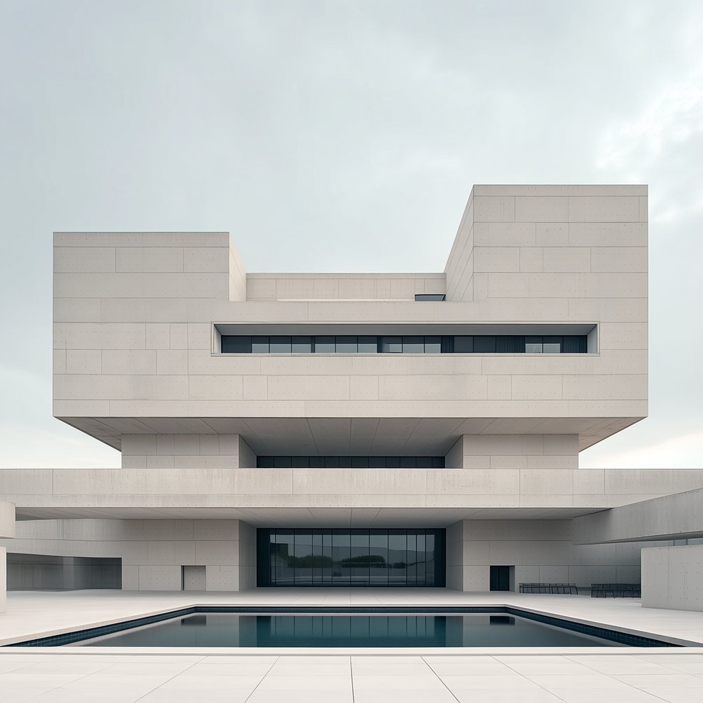 Exterior of a compact brutalist art museum, pale board-formed concrete, deep rectangular window recesses, a broad cantilevered entrance canopy, low reflecting pool, overcast afternoon light, viewed from a quiet plaza at eye level, crisp orthogonal architectural photography. — Midjourney Niji 7