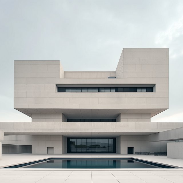 Exterior of a compact brutalist art museum, pale board-formed concrete, deep rectangular window recesses, a broad cantilevered entrance canopy, low reflecting pool, overcast afternoon light, viewed from a quiet plaza at eye level, crisp orthogonal architectural photography. — Midjourney Niji 7