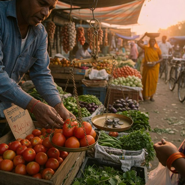 Candid street photograph of an outdoor vegetable market at golden hour, a vendor weighing tomatoes on a brass scale, shallow depth of field, 50mm lens. — Grok Imagine Image Quality