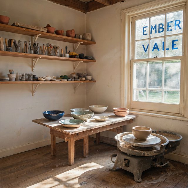 Inside a sunlit ceramics studio, glazed bowls dry beside a turning wheel and shelves of clay tools; "EMBER VALE" is painted in cobalt capitals on the front window. — Ideogram v4.5