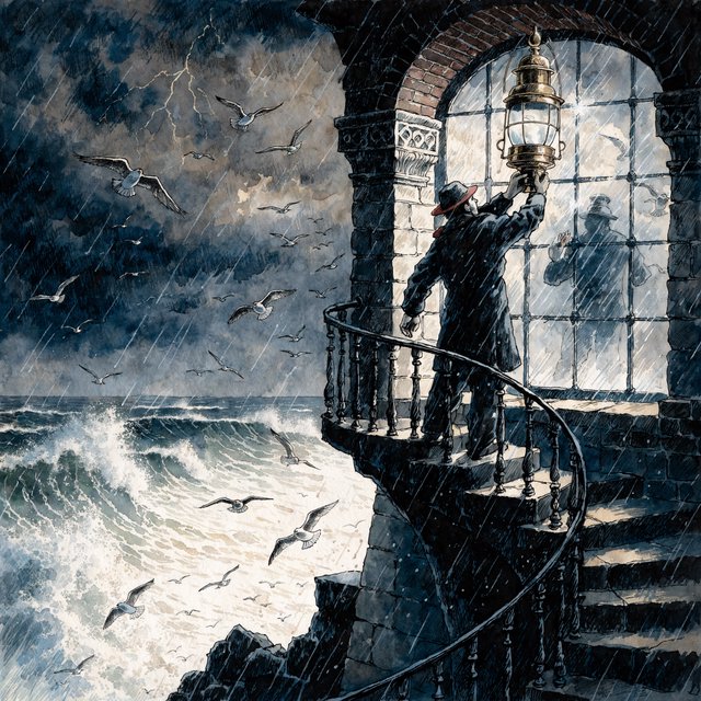 Ink-and-watercolour illustration of an adult lighthouse keeper repairing a brass lantern inside a windswept cliff tower, gulls circling beyond the window and sea spray glowing below. Palette of navy, rust, seafoam, and warm ivory, with expressive linework. — Recraft v4 Pro