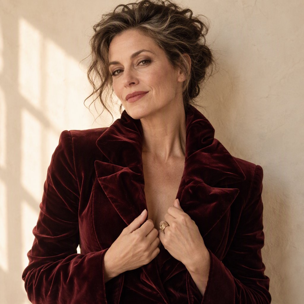 Fashion portrait of an adult woman in her early 50s wearing a sculptural burgundy velvet jacket, her hands lightly gathering its lapel. A wry, composed expression meets the camera against a warm ivory plaster backdrop, lit by soft late-afternoon window glow. — GPT Image 2.5 Sunburst