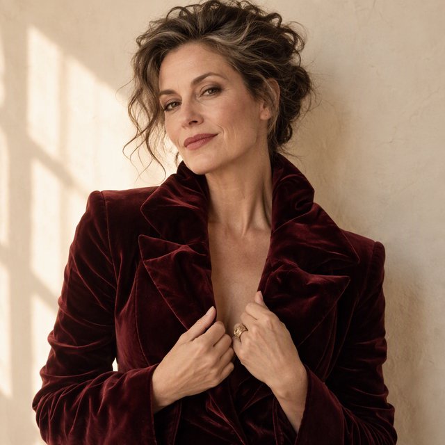 Fashion portrait of an adult woman in her early 50s wearing a sculptural burgundy velvet jacket, her hands lightly gathering its lapel. A wry, composed expression meets the camera against a warm ivory plaster backdrop, lit by soft late-afternoon window glow. — GPT Image 2.5 Sunburst
