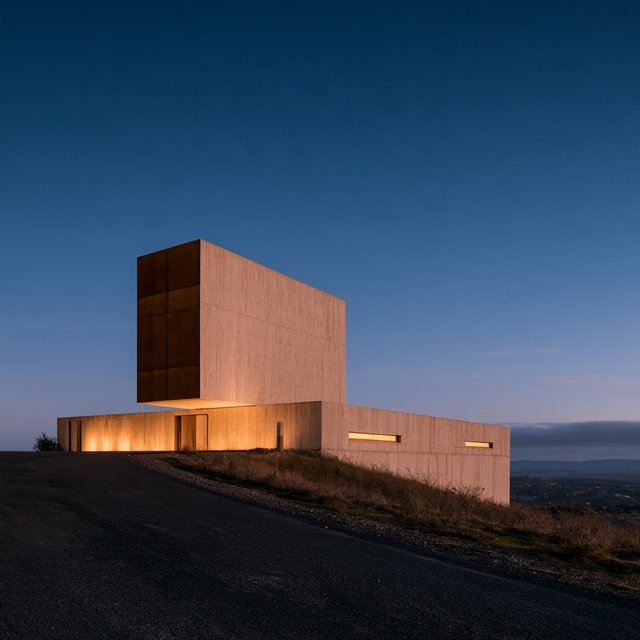 A hilltop observatory in spare contemporary architecture glows against the midnight sky, its pale concrete walls, bronze panels, and narrow windows lit from within; viewed from the access road, crisp edges and credible structural supports. — Midjourney V8.2