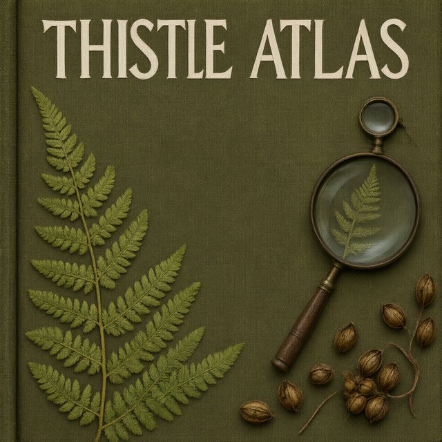 Pressed fern fronds, seed pods, and a magnifying lens frame a naturalist’s field-guide book cover on moss-green cloth; “THISTLE ATLAS” spans the upper third in hand-cut ivory serif capitals, with no other legible writing. — Model 17